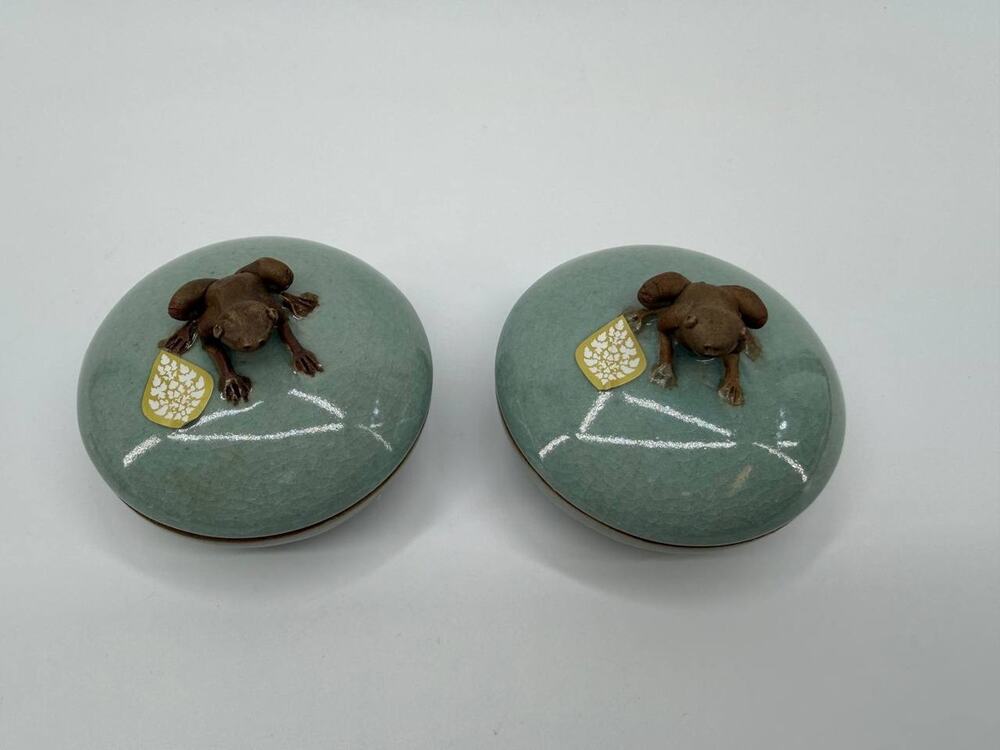 Ceramic Frog Lidded Boxes Set 2 Green Glaze Thailand 1.35lb Decorative